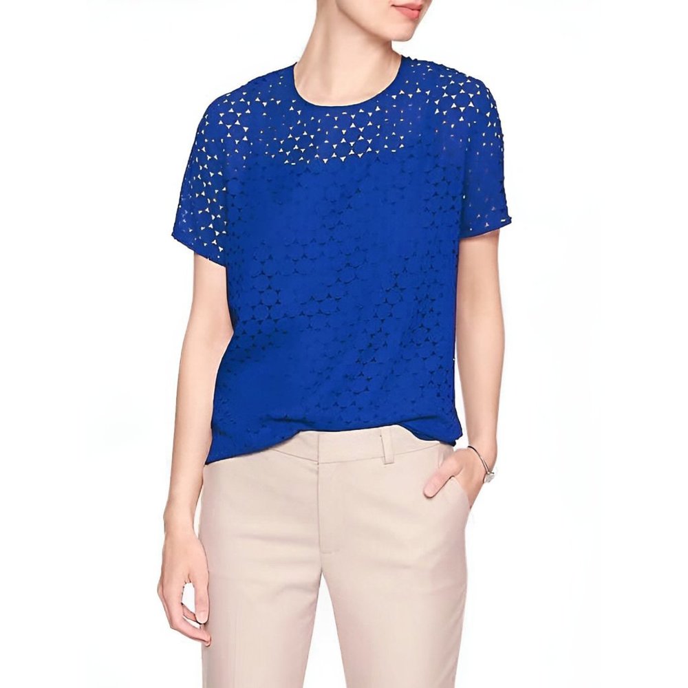 Banana Republic Factory Laser-Cut Eyelet Shell Overlay Cropped Short Sleeve Top